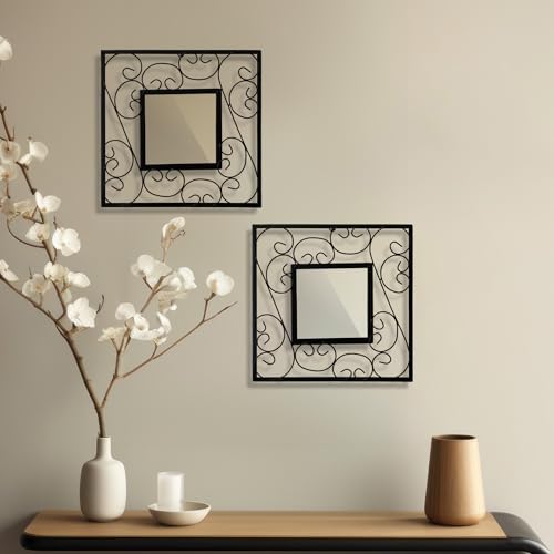 HOSLEY Decorative Modern Designer Square Wall Mirror| Iron Frame Square Wall Hanging Mirror| Wall Mounted Mirror Perfect for Living Room Bathroom Bedroom Hall Wall Decor (Black Pack of 2) - Image 1