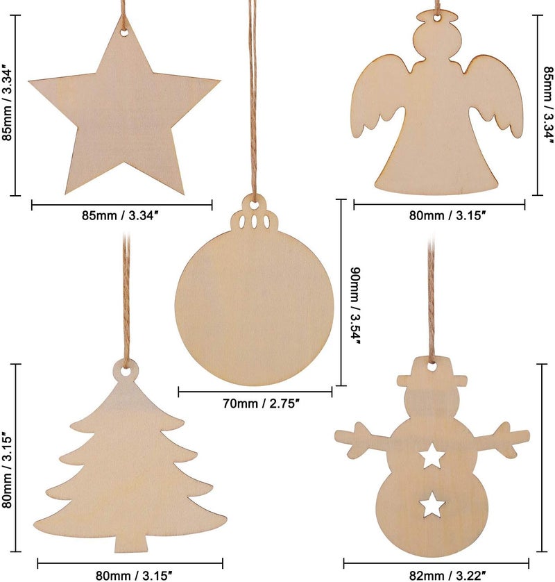 Tmflexe 50 Pcs Unfinished Paintable Blank Wooden Christmas Festival Decoration Ornaments, Xmas Tree Hanging Wood Slices for Kids DIY Art Crafts, 5 Designs-Christmas Tree, Snowman, Stars, Angel, Round - Image 4