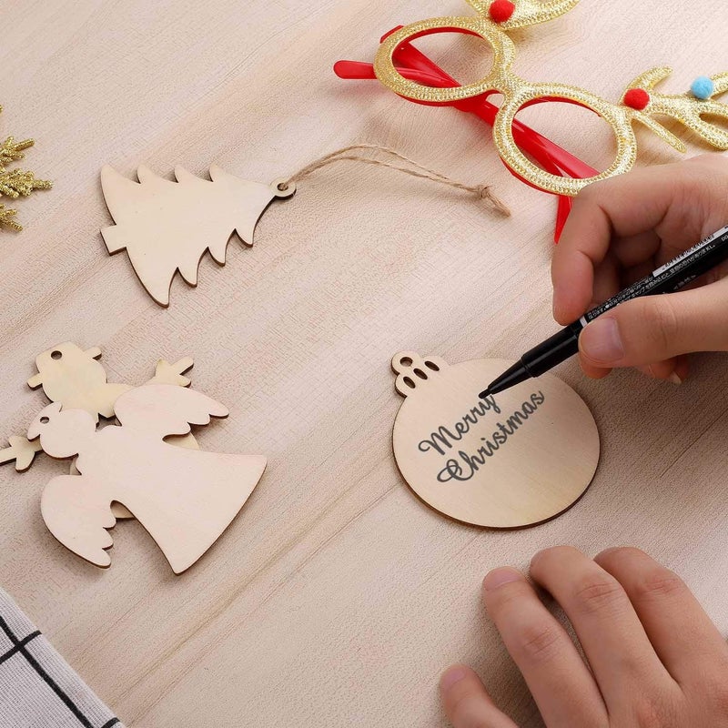 Tmflexe 50 Pcs Unfinished Paintable Blank Wooden Christmas Festival Decoration Ornaments, Xmas Tree Hanging Wood Slices for Kids DIY Art Crafts, 5 Designs-Christmas Tree, Snowman, Stars, Angel, Round - Image 2