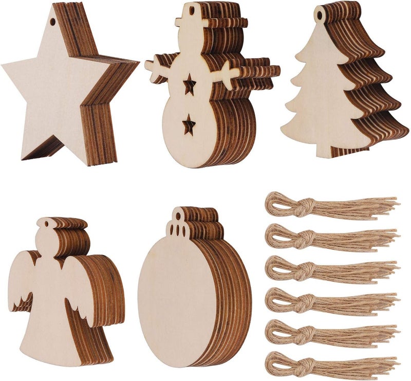 Tmflexe 50 Pcs Unfinished Paintable Blank Wooden Christmas Festival Decoration Ornaments, Xmas Tree Hanging Wood Slices for Kids DIY Art Crafts, 5 Designs-Christmas Tree, Snowman, Stars, Angel, Round - Image 1
