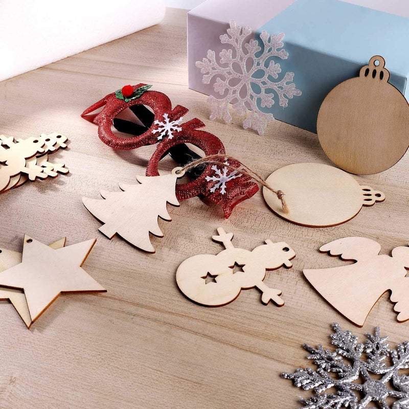 Tmflexe 50 Pcs Unfinished Paintable Blank Wooden Christmas Festival Decoration Ornaments, Xmas Tree Hanging Wood Slices for Kids DIY Art Crafts, 5 Designs-Christmas Tree, Snowman, Stars, Angel, Round - Image 3