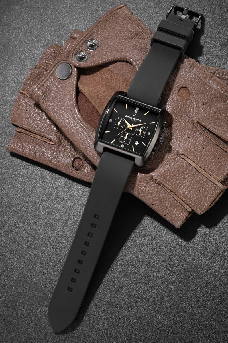 Daniel Hechter Paris Alma Collection Watch for Men Premium Chronograph Watch Black Square Dial Silicone Strap, Multi-Function, Date Display Luxury - Image 3