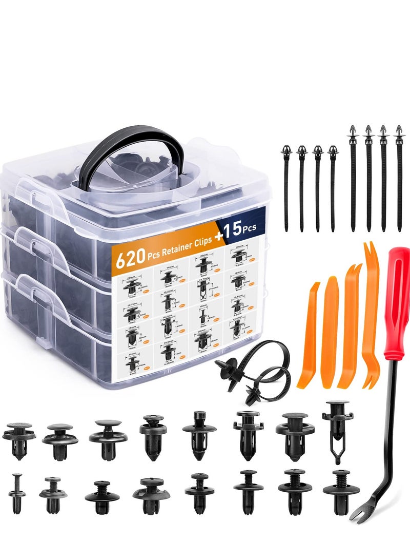 Halamodo 620Pcs Car Push Retainer Clips & Auto Fasteners Assortment -16 Most Popular Sizes Nylon Bumper Fender Rivets with 10 Cable Ties and Fasteners Remover for Toyota GM Ford Honda Acura Chrysler - Image 1
