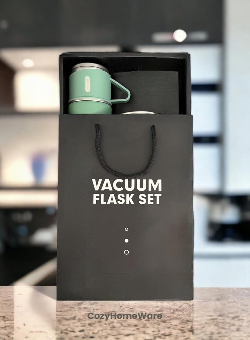 Generic Modern Travel Thermal Flask Set - Flask set Stainless Steel Vacuum Insulated Bottle with Extra 2 Cup for Hot and Cold Drink (Green) - Image 2
