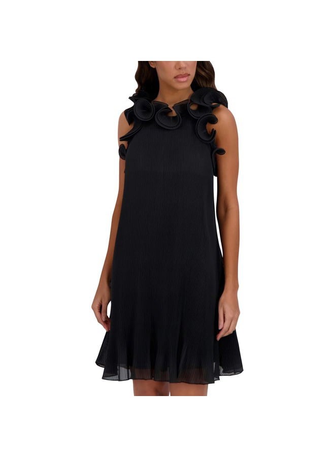 Siena Women's Sleeveless High Neck Ruffle Trim Chiffon Shift Mini Dress, Black, 0 - Image 1