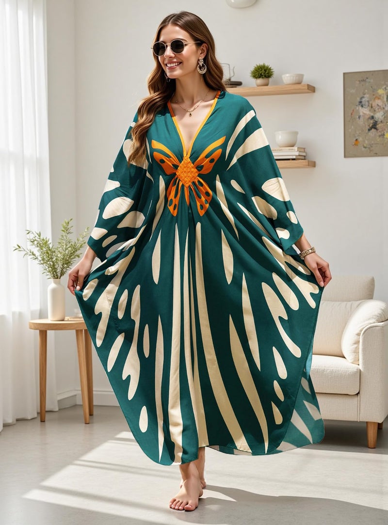 KECVOT Women's Plus Size Kaftan Dress - Batwing Sleeve Long Beach Cover Up Maxi Dress Swimsuit Cover Loungewear - Image 3