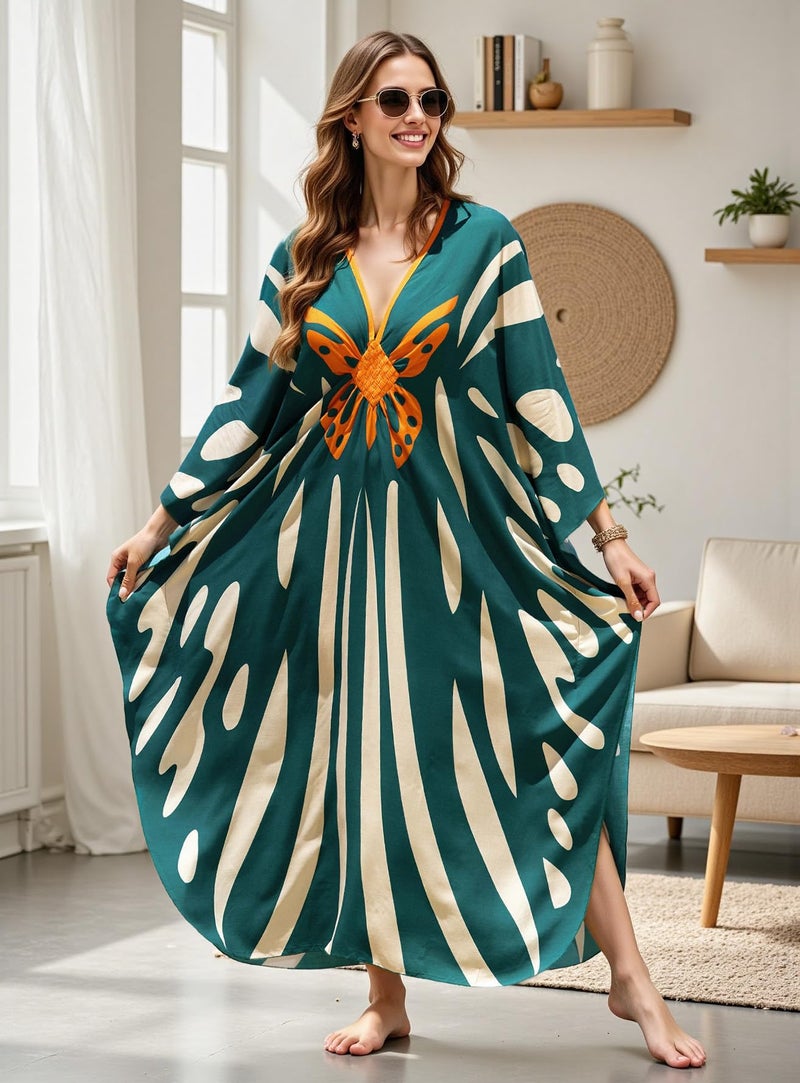 KECVOT Women's Plus Size Kaftan Dress - Batwing Sleeve Long Beach Cover Up Maxi Dress Swimsuit Cover Loungewear - Image 2