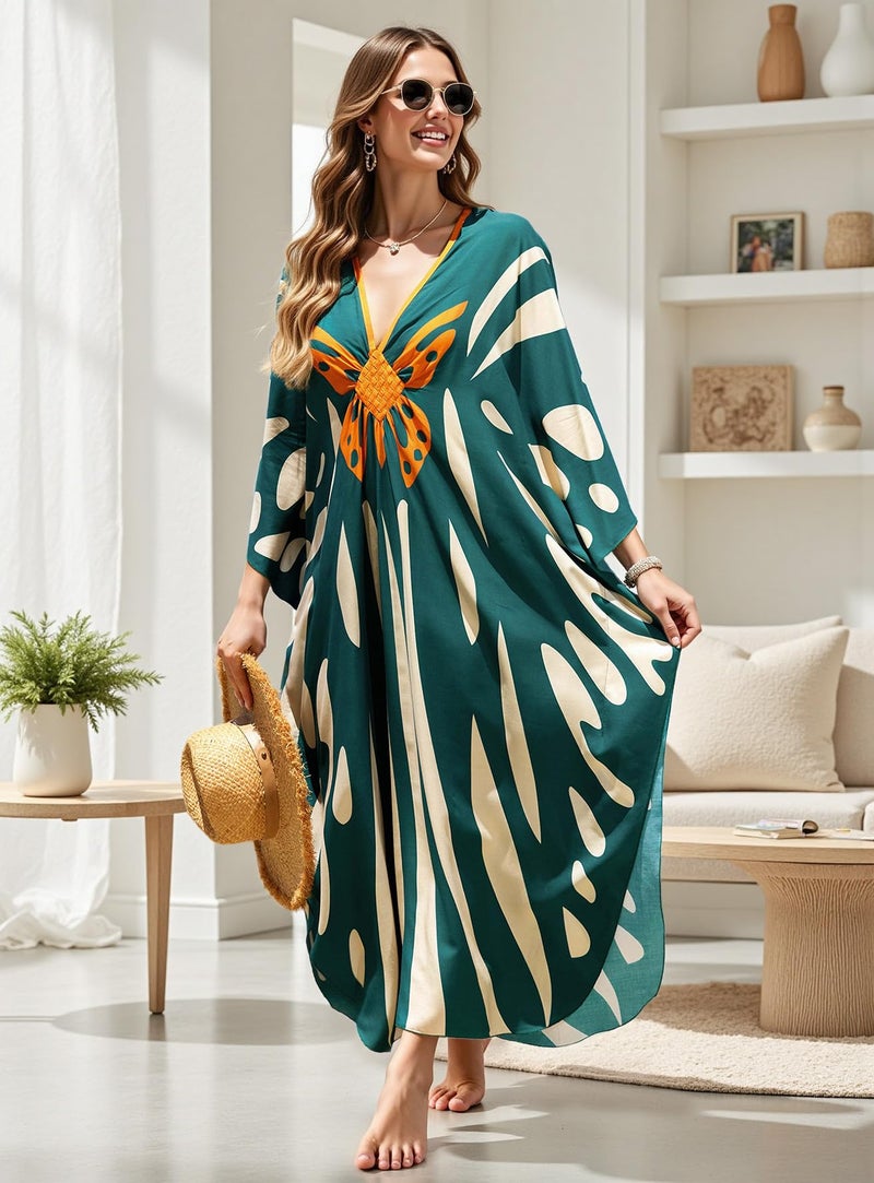 KECVOT Women's Plus Size Kaftan Dress - Batwing Sleeve Long Beach Cover Up Maxi Dress Swimsuit Cover Loungewear - Image 5