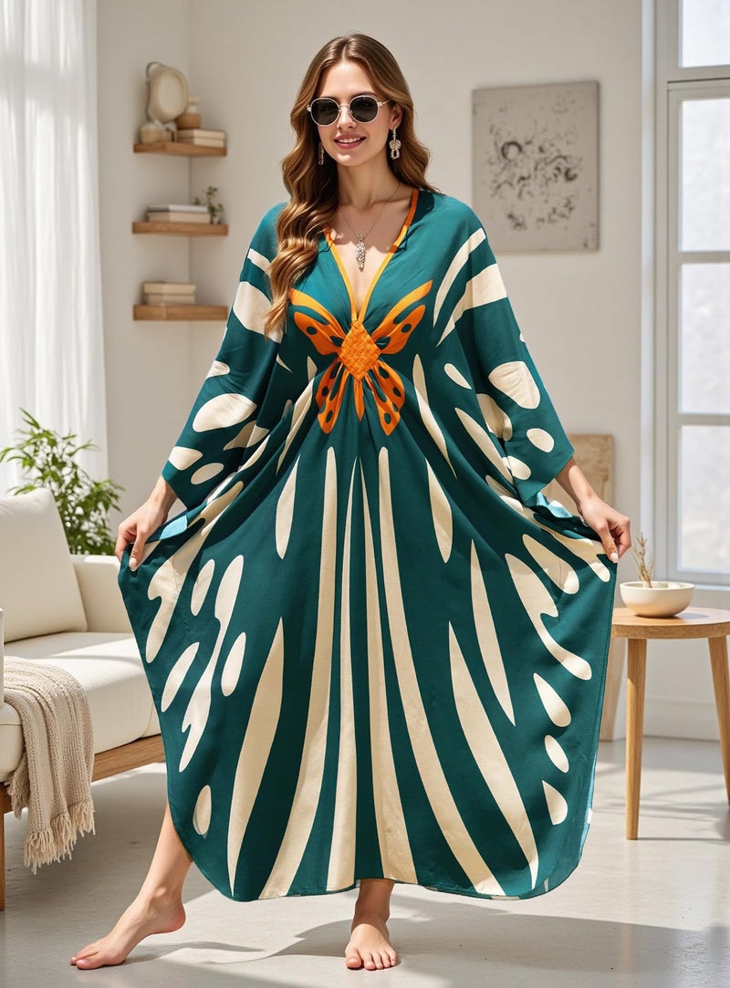 KECVOT Women's Plus Size Kaftan Dress - Batwing Sleeve Long Beach Cover Up Maxi Dress Swimsuit Cover Loungewear - Image 4