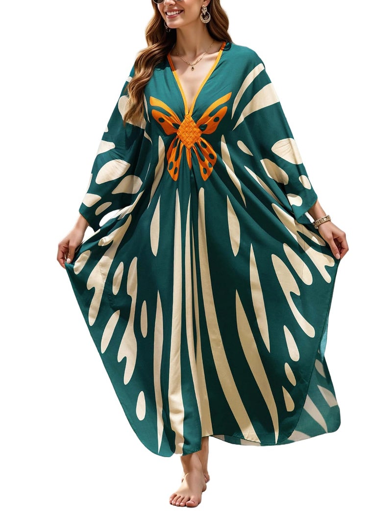 KECVOT Women's Plus Size Kaftan Dress - Batwing Sleeve Long Beach Cover Up Maxi Dress Swimsuit Cover Loungewear - Image 1