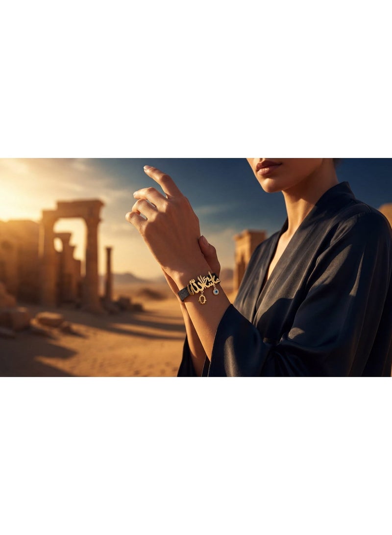 بيوند كونيكت للتجارة العامة إسوارة ذهبية اللون بنقش ماشاء الله وسحري الحمسة وعين الحسد على شريط أسود - Image 3