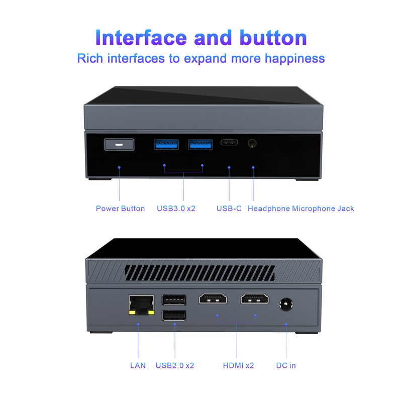GX55 Mini PC 12th Gen Intel® Celeron® N5095 Processor Wi-Fi 5 DDR4 Memory M.2 NVMe SSD Dual 4K 60Hz Display Support HDMI 2.0 Port RJ45 Ethernet Port USB 2.0/USB 3.0 Ports Pre-installed Windows 11 Pro 16GB + 512GB black - Image 3
