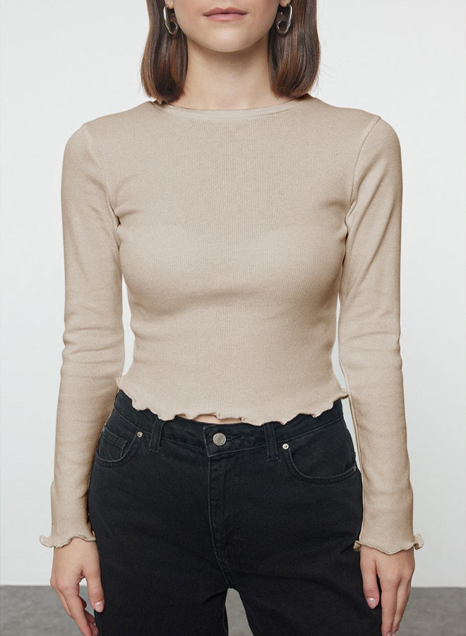 Beige Fitted/Fits Crop Ribbed Flexible Knit Blouse TWOAW25BZ00167