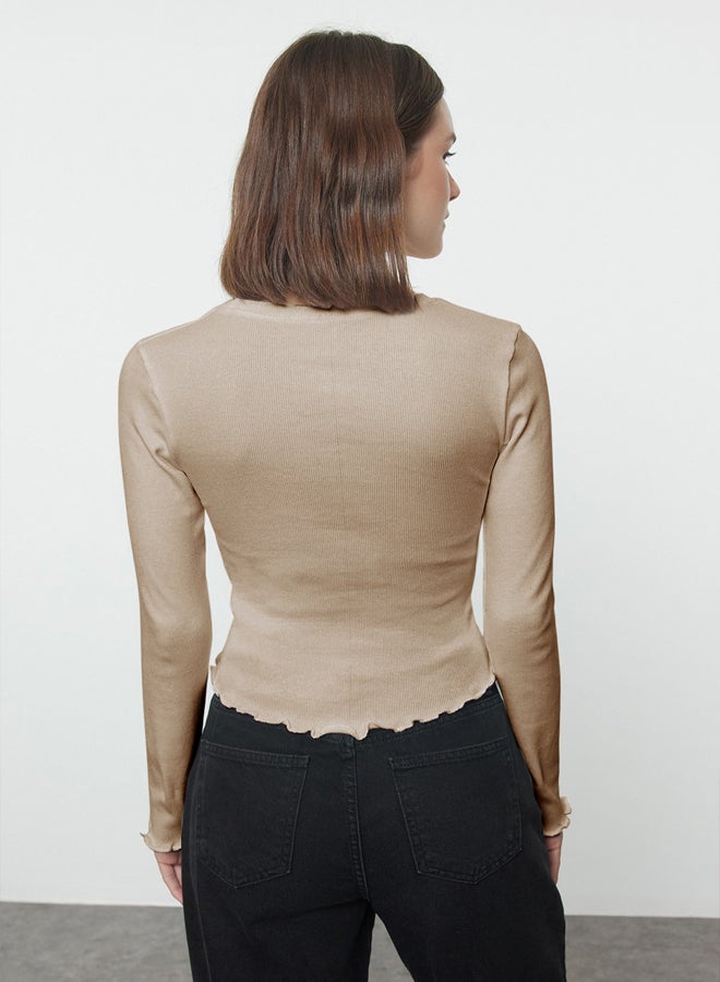 Beige Fitted/Fits Crop Ribbed Flexible Knit Blouse TWOAW25BZ00167