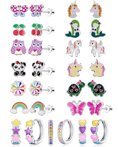 SYNLIN 15 Pairs Stud Earrings Set 12 Pairs Unique Cartoon Flat Back Earrings Girls 3 Pairs Mini Hoops with Stainless Steel Posts and Screwback Earring for KidsB - Image 1