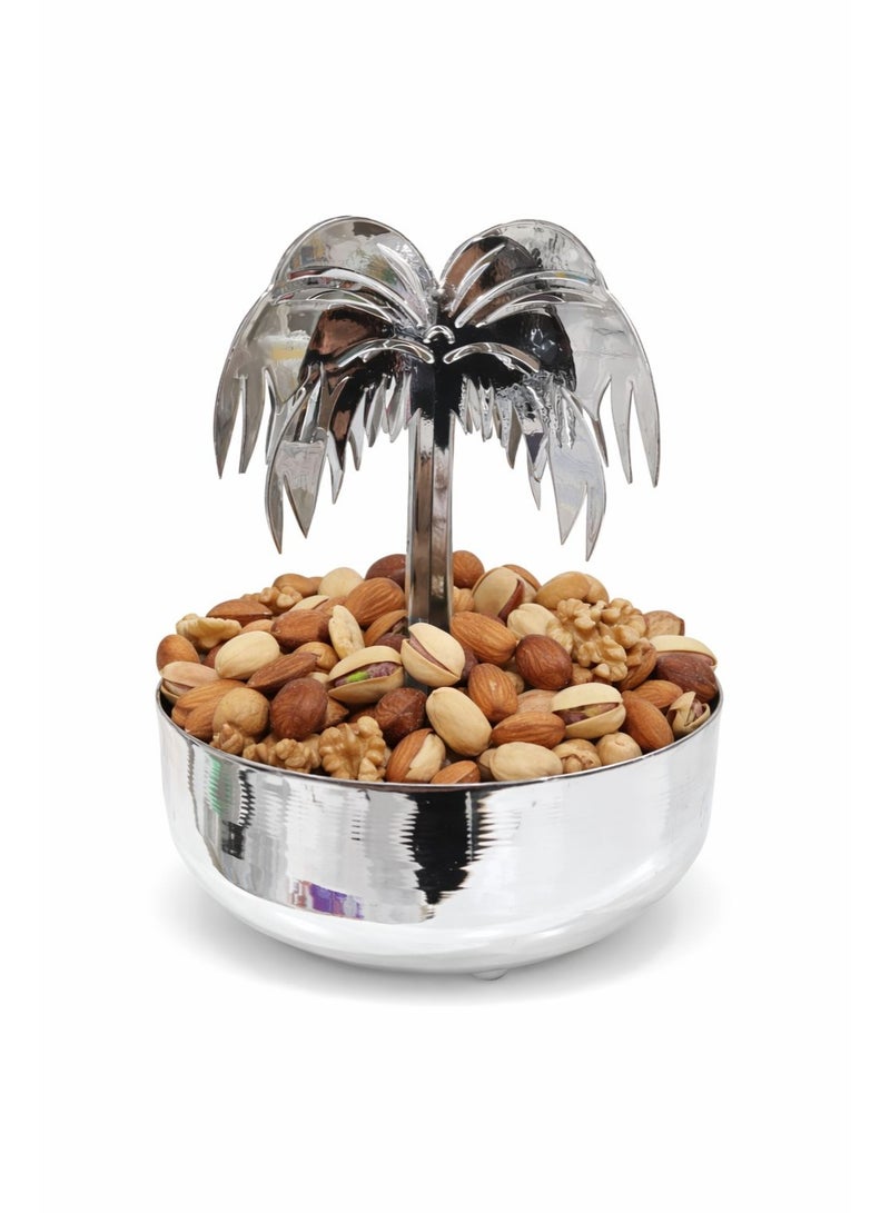 طبق تمر ومكسرات فاخر باللون الفضي حجم كبير مع حامل نخلة أنيق – تصميم تراثي راقٍ للضيافة والمجالس - Image 1