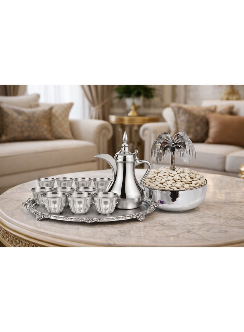 طبق تمر ومكسرات فاخر باللون الفضي حجم كبير مع حامل نخلة أنيق – تصميم تراثي راقٍ للضيافة والمجالس - Image 5