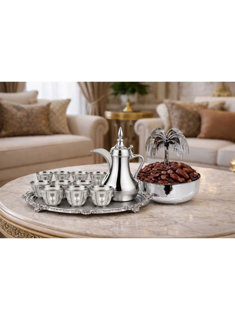 طبق تمر ومكسرات فاخر باللون الفضي حجم كبير مع حامل نخلة أنيق – تصميم تراثي راقٍ للضيافة والمجالس - Image 2