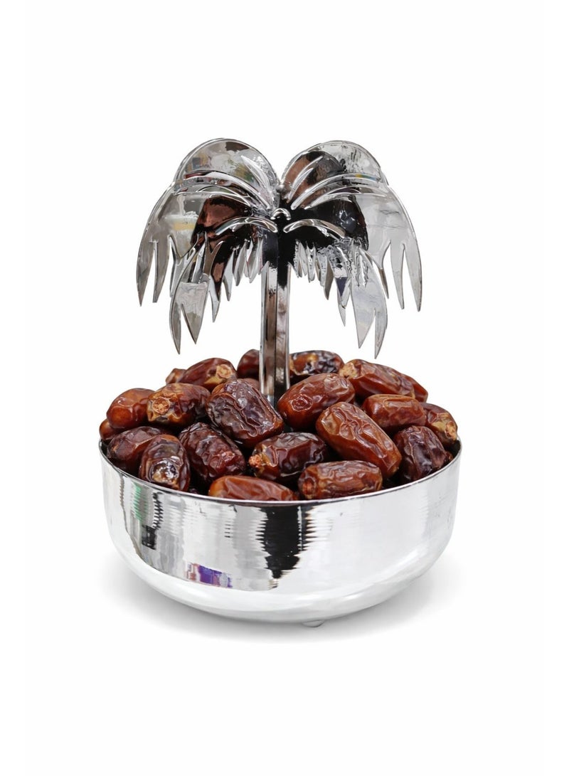 طبق تمر ومكسرات فاخر باللون الفضي حجم كبير مع حامل نخلة أنيق – تصميم تراثي راقٍ للضيافة والمجالس - Image 3