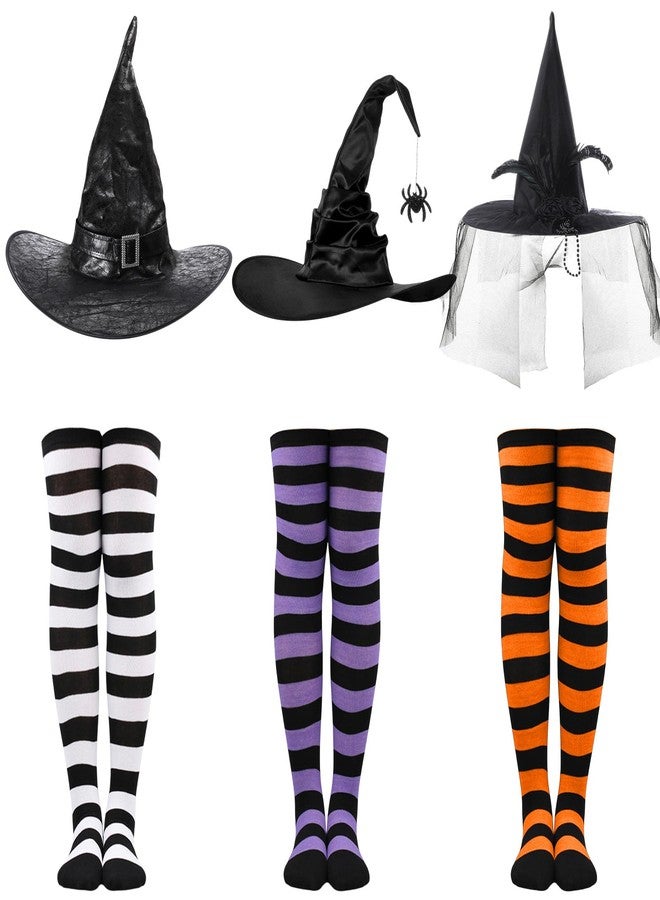 Geyoga 6 Pcs Halloween Witch Costume Accessories Including 3 Over Knee Striped Socks and 3 Halloween Witch Hats for Women Adult Gothic Cosplay Costume - Image 1
