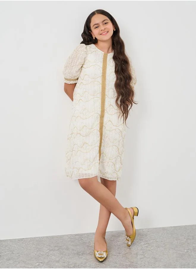 ستايلي Styli Lace Detail Puff Sleeve Midi Dress