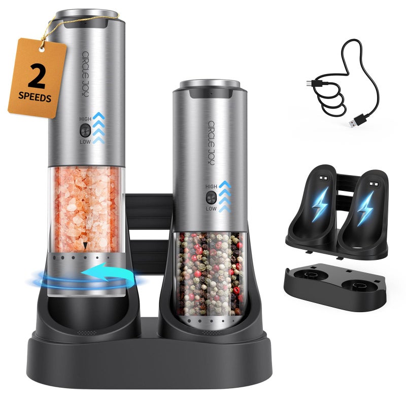 CIRCLE JOY Rechargeable Salt and Pepper Grinder Set Stainless Steel Electric Pepper Grinders with Variable Grinding Speed External Adjustable Coarseness Charging Base and White LED Light Silver