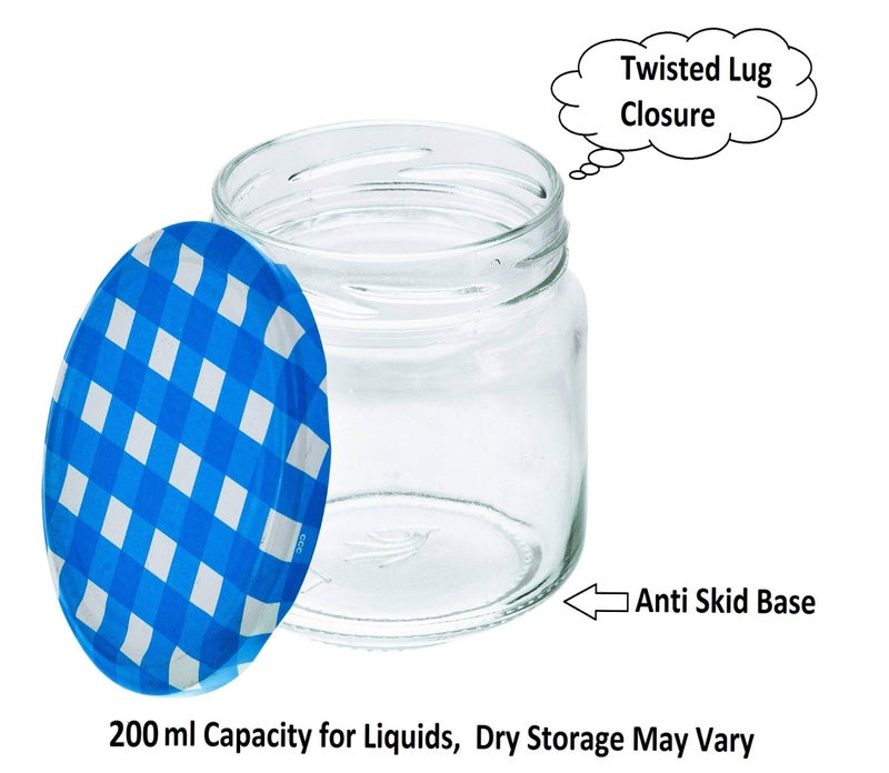 Machak Round Glass Jar For Kitchen Storage Airtight Set of 6, 200ml, With Blue Lid - Image 3