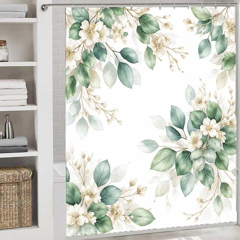 Floral Arrangement with White Flowers and Green LeavesShower Curtain for Bathroom Waterproof Tan Shower Curtain with Hooks 71 inch x 71 inch - Image 2