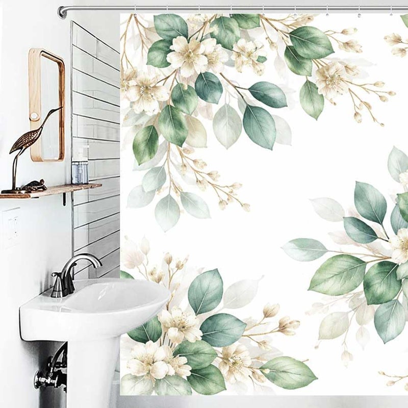 Floral Arrangement with White Flowers and Green LeavesShower Curtain for Bathroom Waterproof Tan Shower Curtain with Hooks 71 inch x 71 inch - Image 4