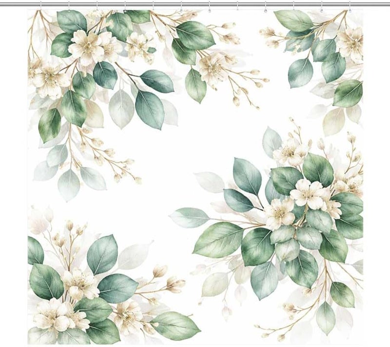 Floral Arrangement with White Flowers and Green LeavesShower Curtain for Bathroom Waterproof Tan Shower Curtain with Hooks 71 inch x 71 inch - Image 1