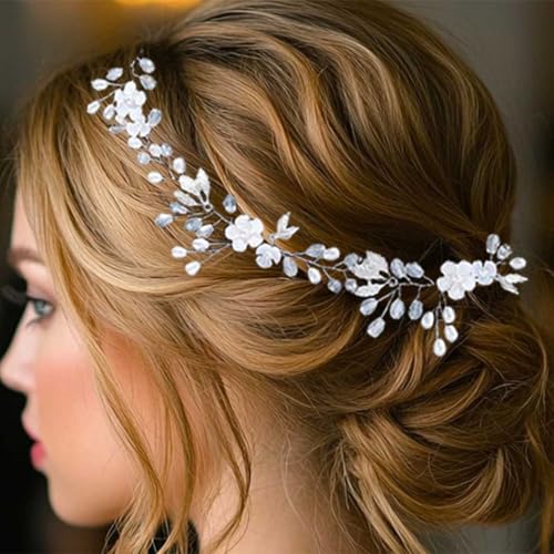 EASEDAILY Flower Bridal Headpiece Silver Leaf Rhinestone Wedding Hair Accessories for Women - Image 3