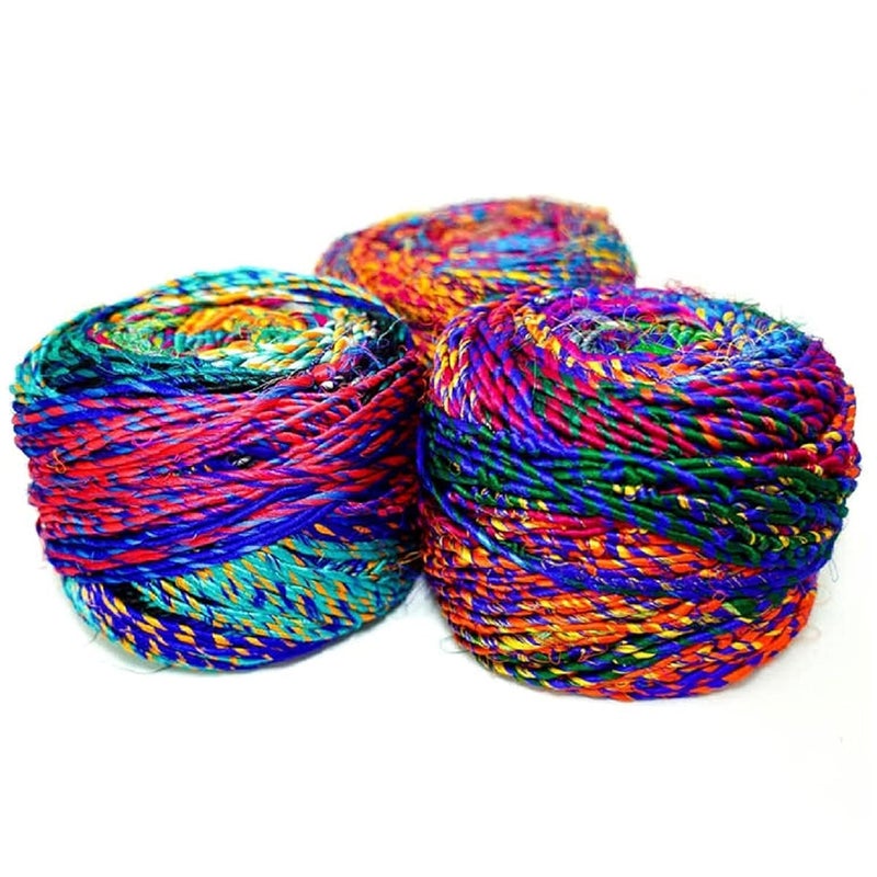 Revolution Fibers Recycled Sari Silk Yarn MultiColor Pure Silk Made From Handspun Used Sari Fabric Ribbon Scraps Rainbow for Knitting Weaving  Crocheting  100 Grams per Ball 2Pack
