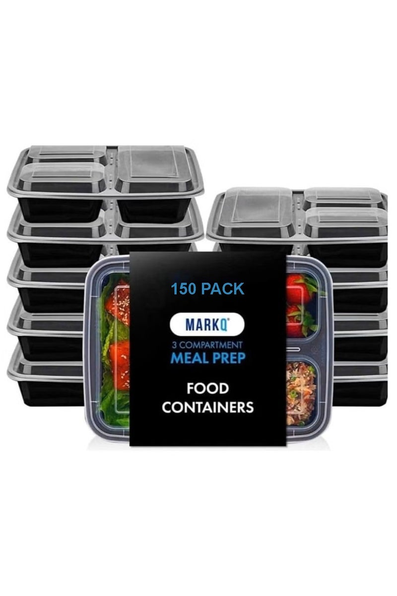 مارك [150 عبوة] | حاويات تحضير الوجبات بأغطية سعة 32 أونصة | حاويات تخزين المواد الغذائية البلاستيكية ذات 3 أقسام | حاوية طعام خالية من مادة BPA | صناديق الغداء للبالغين - Image 1