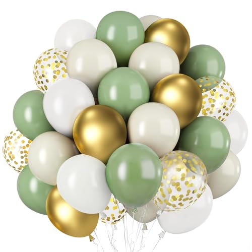 Blocesa Sage Green White Gold Balloons 50pcs Olive Green Gold Metallic Sand White Balloons with Gold Confetti Balloons for Wedding Bridal Shower Safari Birthday Party Decorations - Image 1