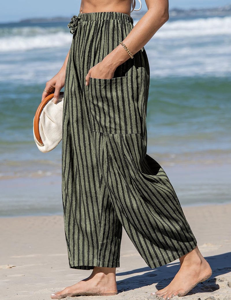 TARSE Womens Linen Wide Leg Pants Casual Loose Drawstring Low Waist Beach Palazzo Harem Pants with Pockets(Striped,M) - Image 4