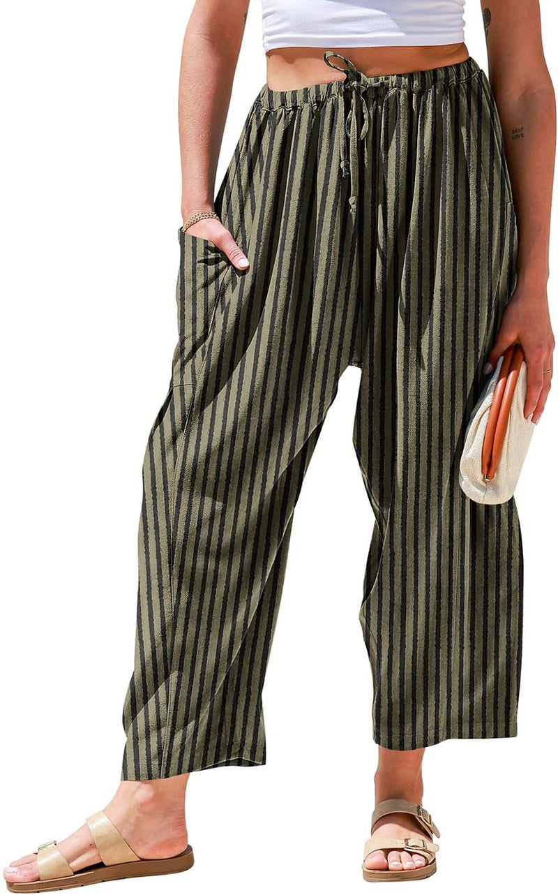 TARSE Womens Linen Wide Leg Pants Casual Loose Drawstring Low Waist Beach Palazzo Harem Pants with Pockets(Striped,M) - Image 1