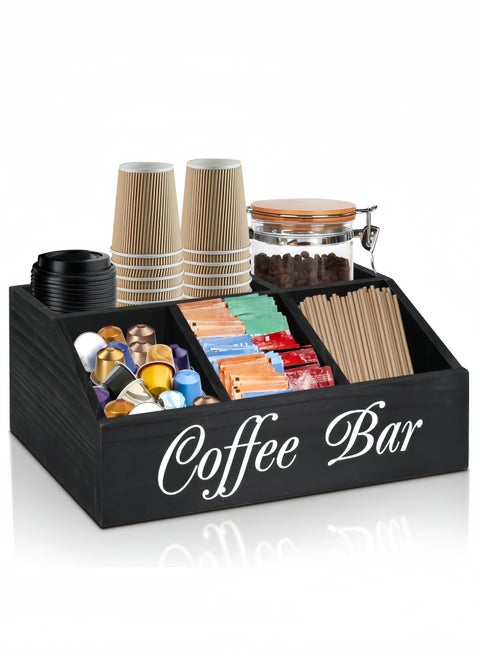 Coffee Station Organizer for Counter, Wood Coffee Pods Holder Storage Basket, Coffee and Tea Condiment Storage Organizer, Rustic Coffee Bar Decor for Coffee Accessories Organizer