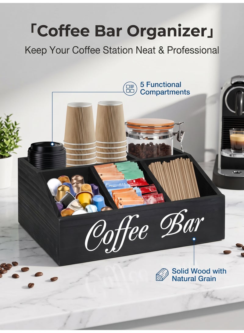 nihao Coffee Station Organizer for Counter, Wood Coffee Pods Holder Storage Basket, Coffee and Tea Condiment Storage Organizer, Rustic Coffee Bar Decor for Coffee Accessories Organizer - Image 1