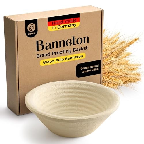 ABIOTO Wood Pulp Banneton Bread Proofing Basket 9 Round 15LB Brotform Grooved Pattern NonStick Natural Wood Pulp Pressed for Durability Made in Germany Proofing Baskets for Sourdough Bread Baking - Image 1