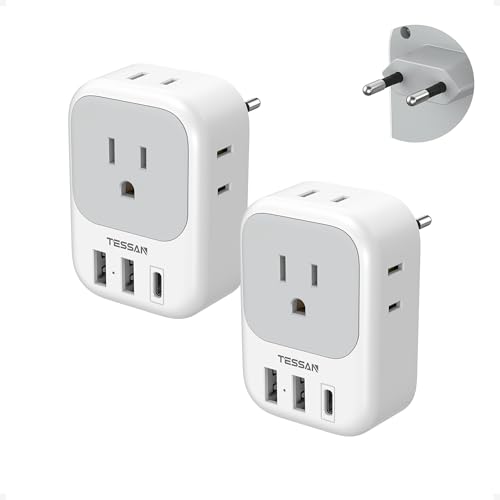TESSAN 2 Pack European Plug Adapter USB C, TESSAN US to Europe Adapter 4 Outlets 3 USB Charger, Type C International Power Adaptor to Italy Spain France Portugal Iceland Germany, Europe Travel Essentials - Image 1