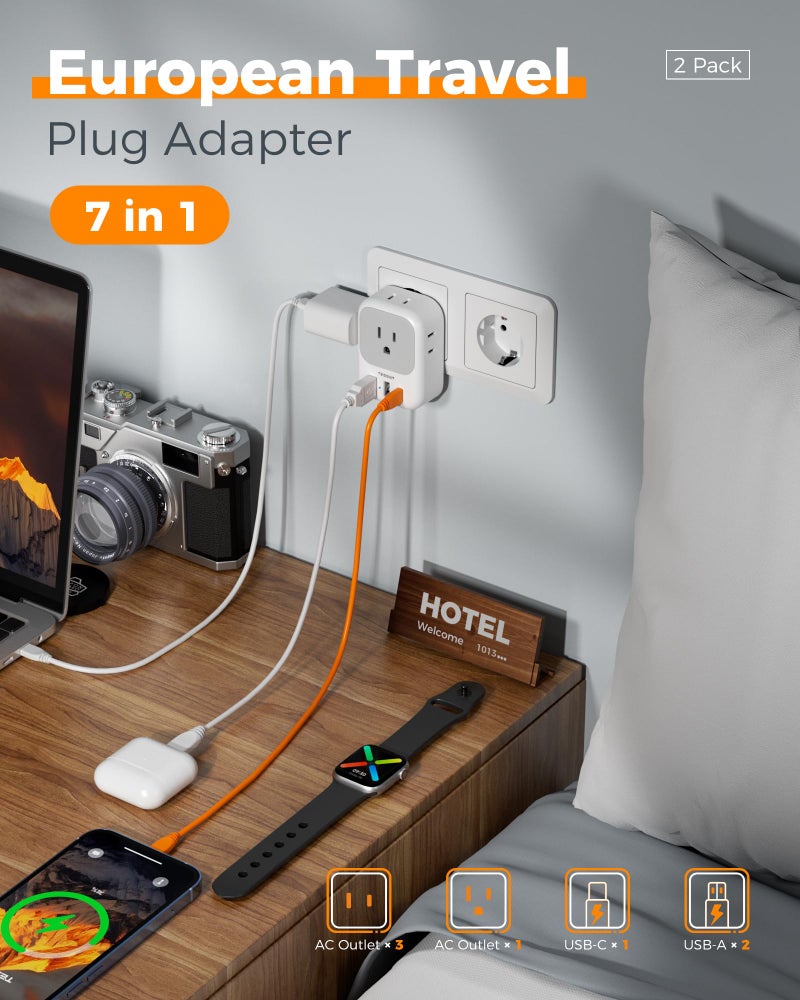 TESSAN 2 Pack European Plug Adapter USB C, TESSAN US to Europe Adapter 4 Outlets 3 USB Charger, Type C International Power Adaptor to Italy Spain France Portugal Iceland Germany, Europe Travel Essentials - Image 3
