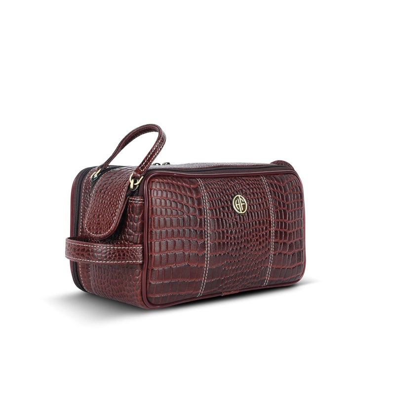 HAMMONDS FLYCATCHER Genuine Leather Travel Organizer Pouch - Toiletry Bag for Men and Women Cosmetic Organizer Bag, Shaving Kit Bag for Men Toiletry Pouch for Men with Multiple Pockets - Croc Brown - Image 1