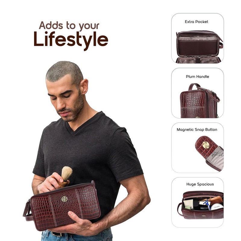 HAMMONDS FLYCATCHER Genuine Leather Travel Organizer Pouch - Toiletry Bag for Men and Women Cosmetic Organizer Bag, Shaving Kit Bag for Men Toiletry Pouch for Men with Multiple Pockets - Croc Brown - Image 3