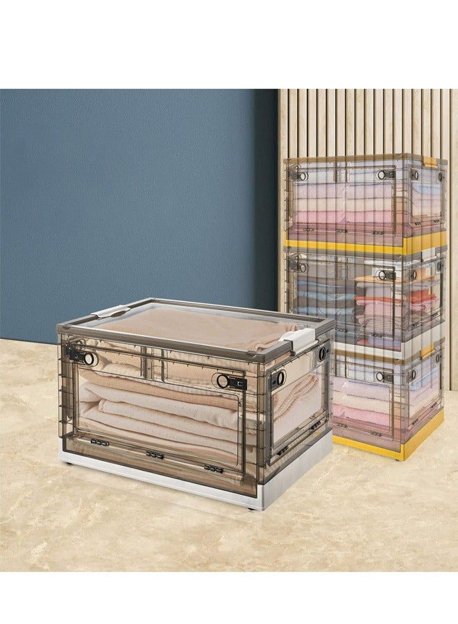 Padom Folding Storage Boxes with Lids, Stackable Storage Boxes with Wheels, Storage Container Crate, side Open Transparent Door for Home, Office, Bedroom - Image 1