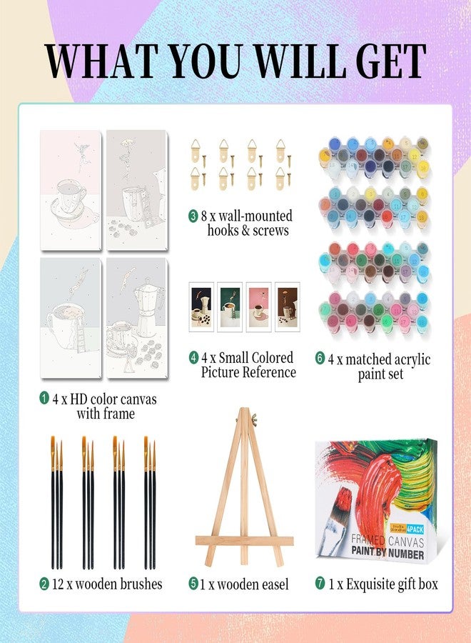 Camocin 4 Pack Framed Paint by Numbers Kit for Adults with Wooden Easel, Coffee Paint by Numbers with Frame for Beginner, Coffee Adult Paints by Number Kits on Canvas Framed 8 x 12 Inch - Image 4
