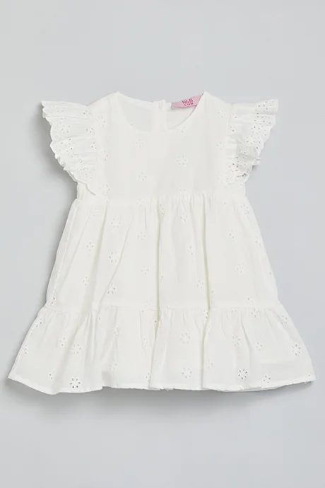 أر أند بي Schiffli Tiered Dress with Crew Neck and Flutter Sleeves