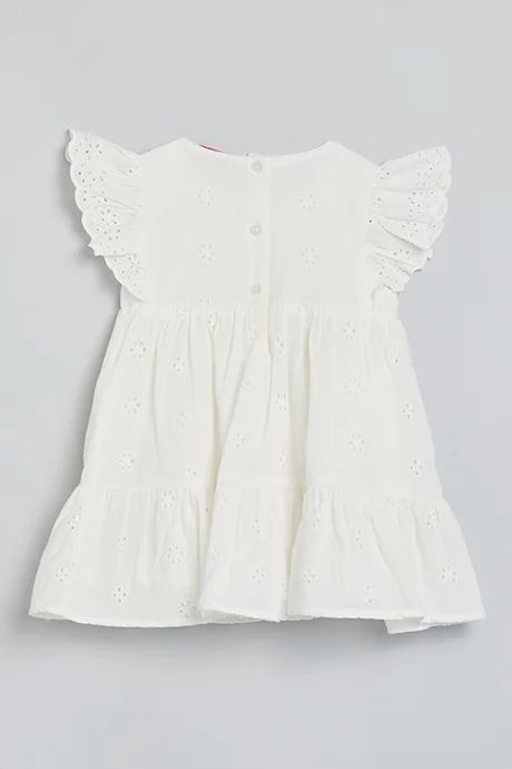 أر أند بي Schiffli Tiered Dress with Crew Neck and Flutter Sleeves