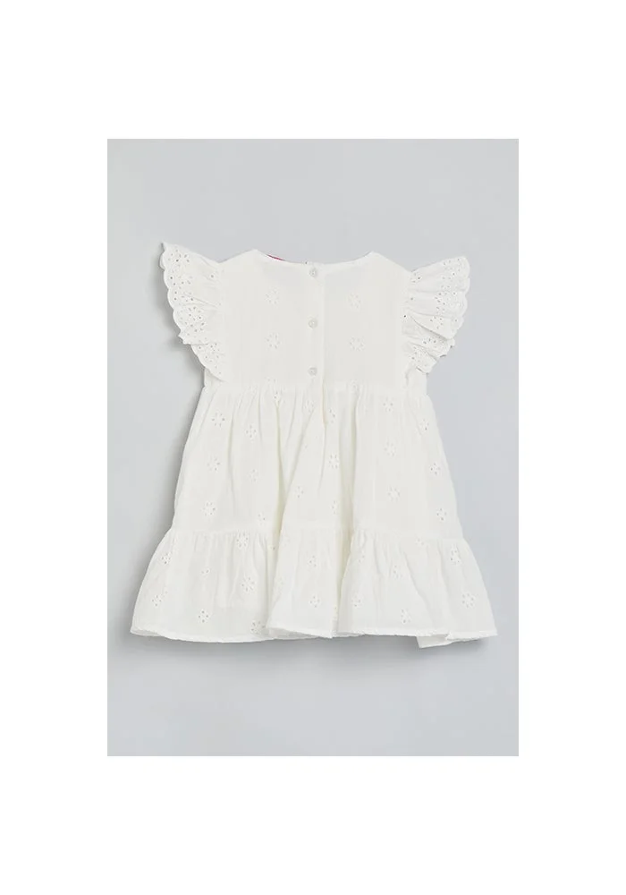 أر أند بي Schiffli Tiered Dress with Crew Neck and Flutter Sleeves