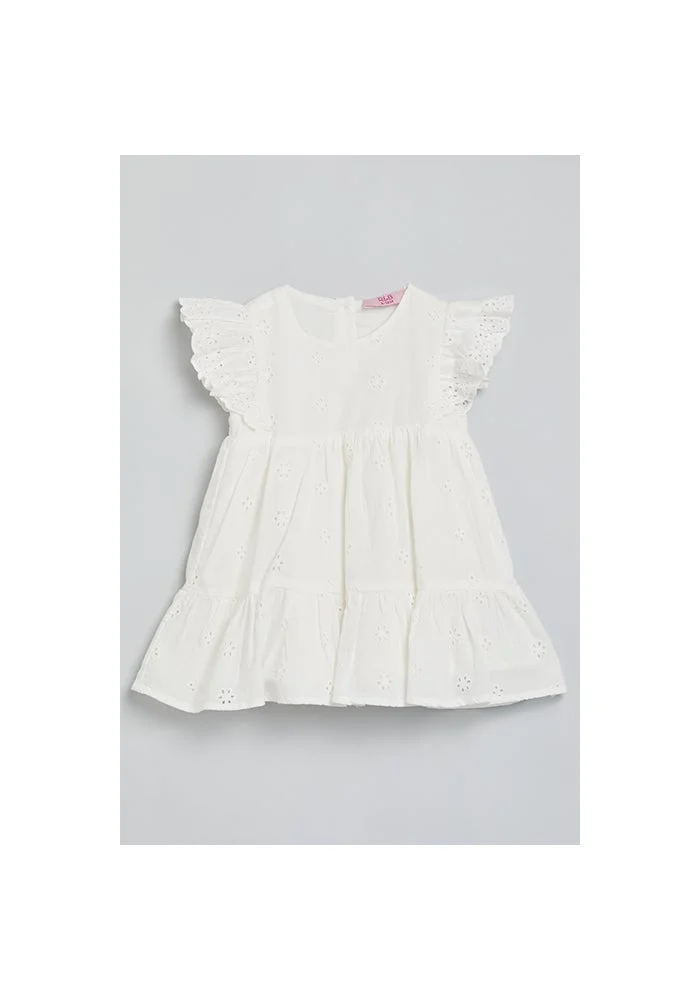 أر أند بي Schiffli Tiered Dress with Crew Neck and Flutter Sleeves
