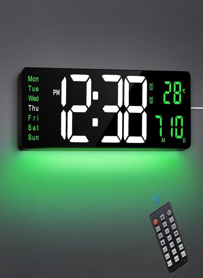 Maxstar 16" Digital Wall Clock with Remote, 2 Alarms, DST, Date, Week, Dimmer,Large Digital Clock With Temperatur,Jumbo Number,LED Display,Night Light for Living Room,Kitchen,Garage,Gym,Desk (Green) - Image 1
